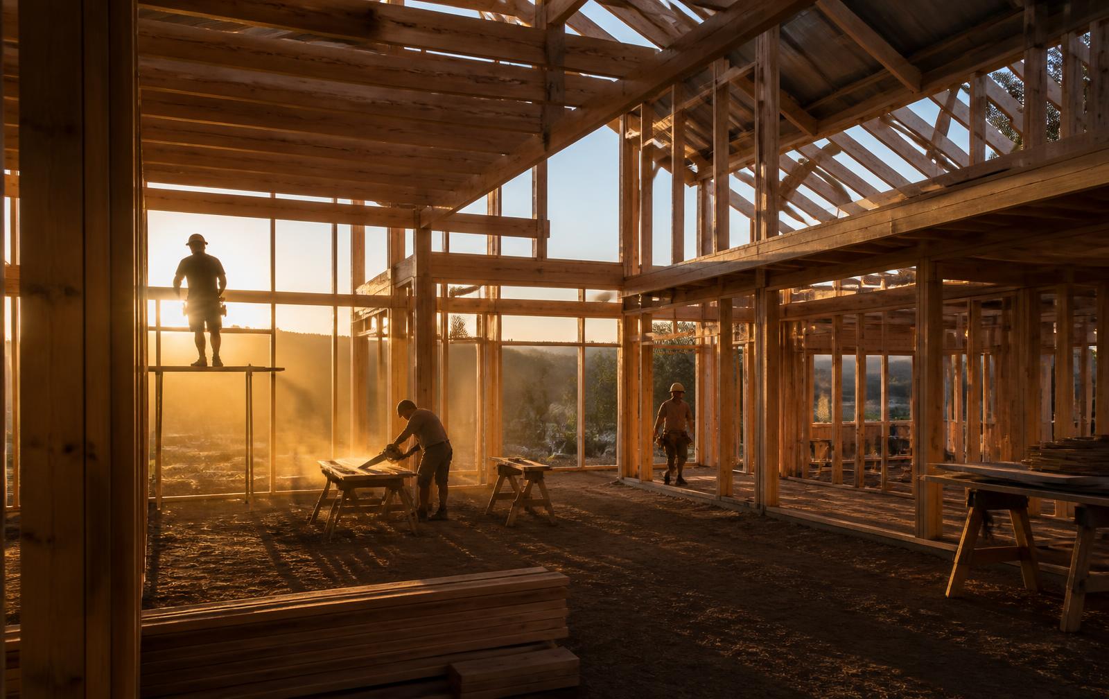 Custom home under construction at golden hour