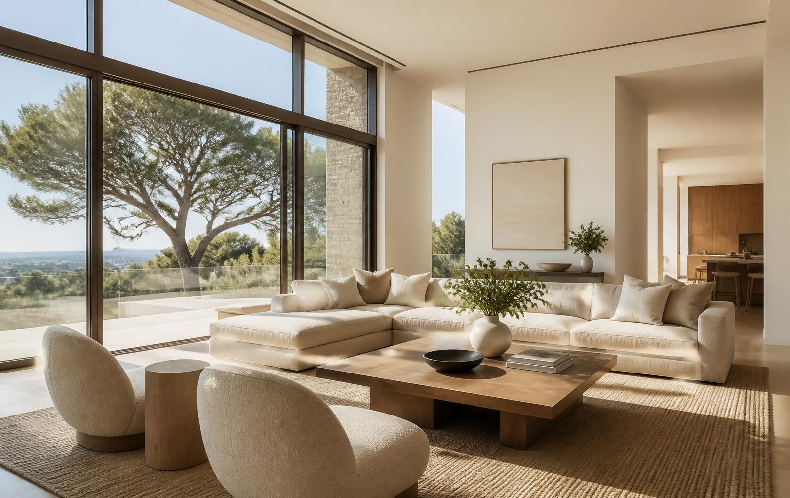 Sunlit luxury living room styled for a listing shoot
